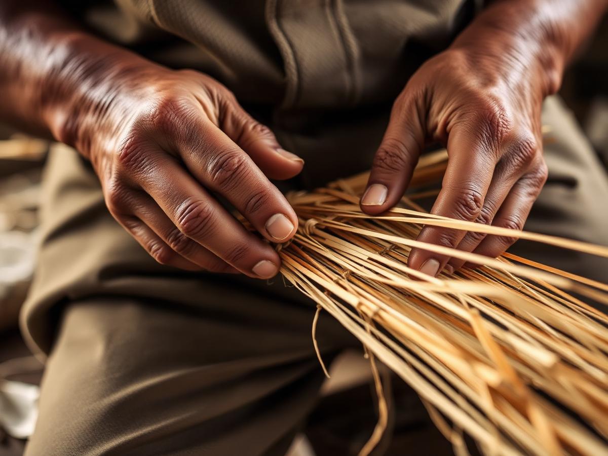 Artisan hands weaving birch bark