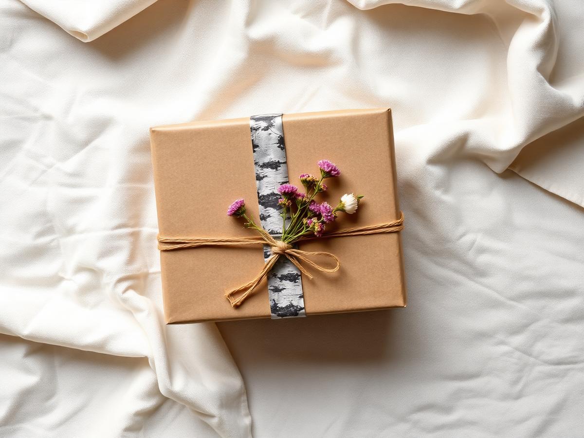 Kraft gift box wrapped in birch bark paper with dried wildflowers